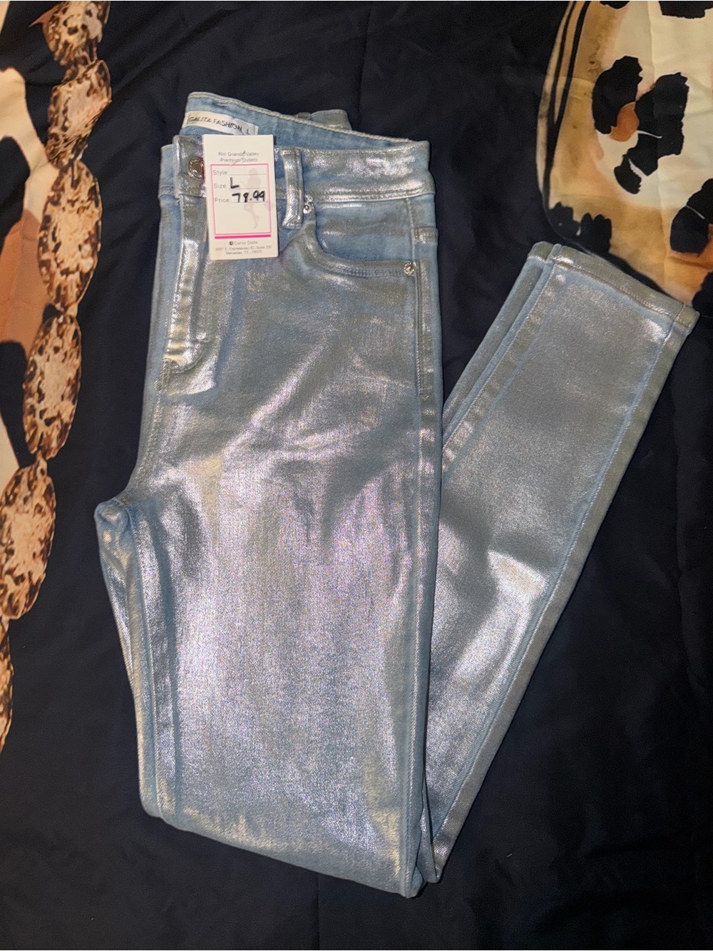 Women's Iridescent Light Blue Metallic Skinny Jeans